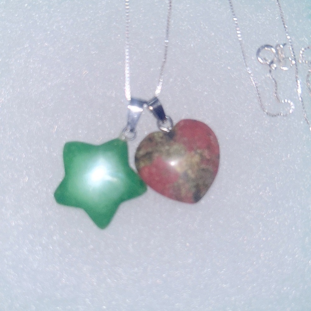 Jade Star and Unakite Heart sterling silver 16” necklace